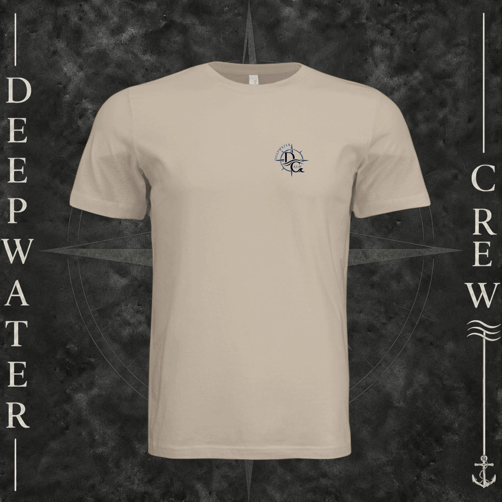 Tan Deepwater Crew Co. Forged of Salt crewneck T-shirt, front view with small blue-outlined DC compass-and-wave crest logo.