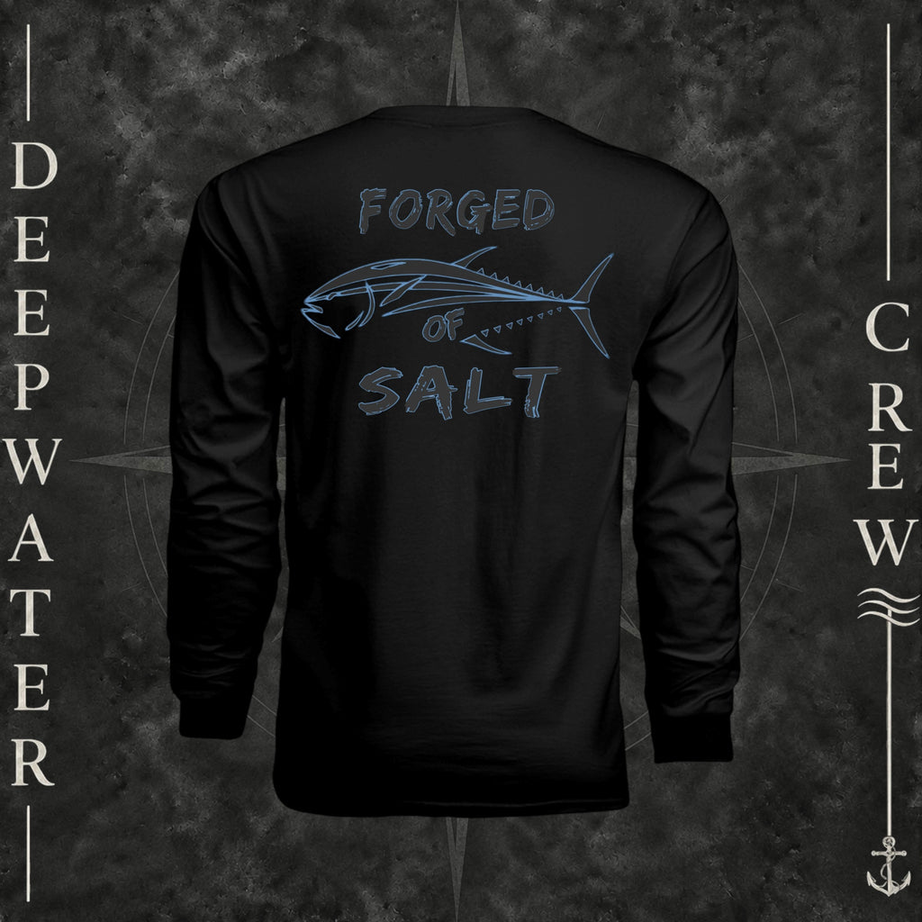 Black Deepwater Crew Co. Forged of Salt UPF 44+ long-sleeve performance shirt, back view with stylized tuna graphic, blue accents, and Forged of Salt lettering.