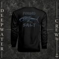 Black Deepwater Crew Co. Forged of Salt UPF 44+ long-sleeve performance shirt, back view with stylized tuna graphic, blue accents, and Forged of Salt lettering.