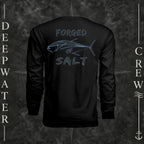 Black Deepwater Crew Co. Forged of Salt UPF 44+ long-sleeve performance shirt, back view with stylized tuna graphic, blue accents, and Forged of Salt lettering.