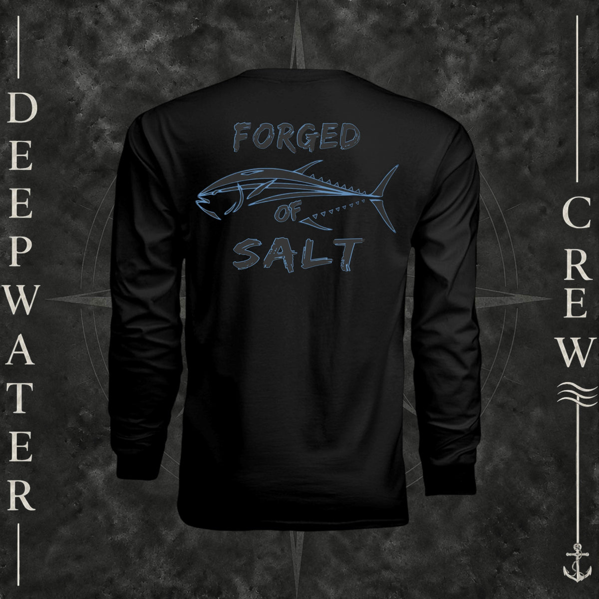 Black Deepwater Crew Co. Forged of Salt UPF 44+ long-sleeve performance shirt, back view with stylized tuna graphic, blue accents, and Forged of Salt lettering.