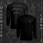 Black Deepwater Crew Co. Forged of Salt UPF 44+ long-sleeve performance shirt showing front and back views with DC compass-and-wave chest logo and stylized tuna Forged of Salt back graphic.