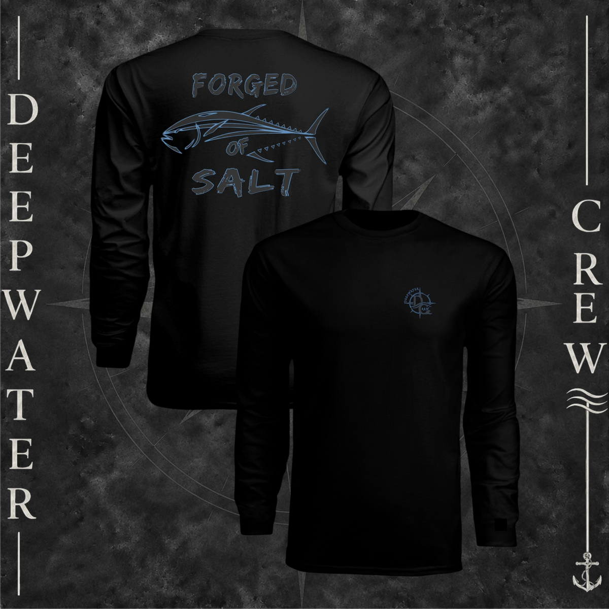 Black Deepwater Crew Co. Forged of Salt UPF 44+ long-sleeve performance shirt showing front and back views with DC compass-and-wave chest logo and stylized tuna Forged of Salt back graphic.