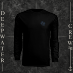 Black Deepwater Crew Co. Forged of Salt UPF 44+ long-sleeve performance shirt, front view with small blue-outlined DC compass-and-wave crest logo.