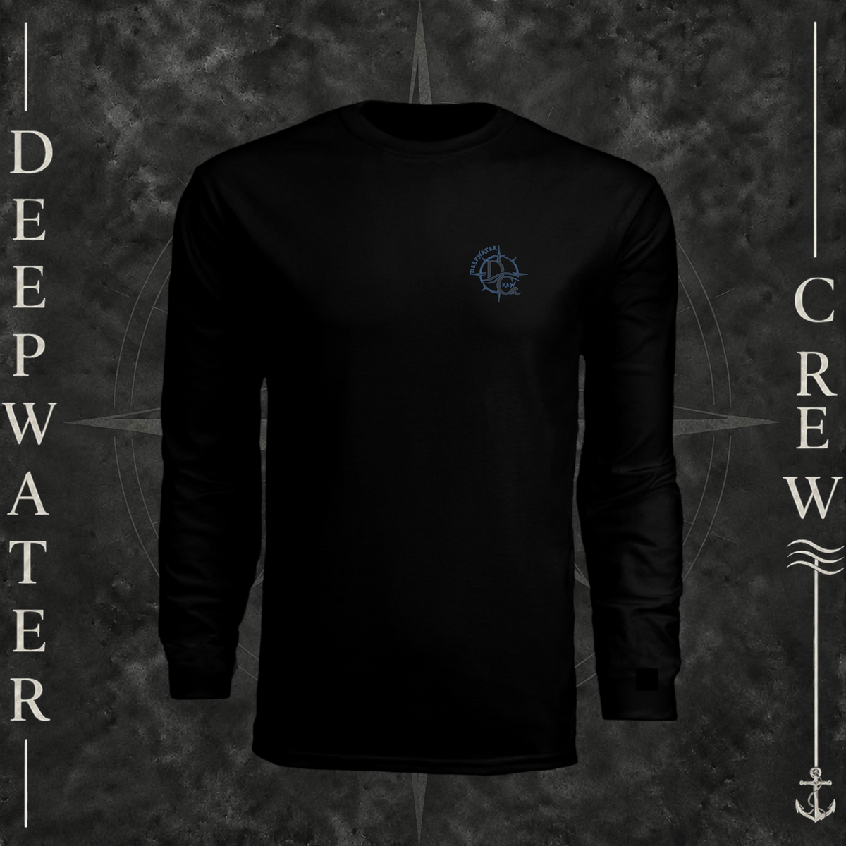 Black Deepwater Crew Co. Forged of Salt UPF 44+ long-sleeve performance shirt, front view with small blue-outlined DC compass-and-wave crest logo.
