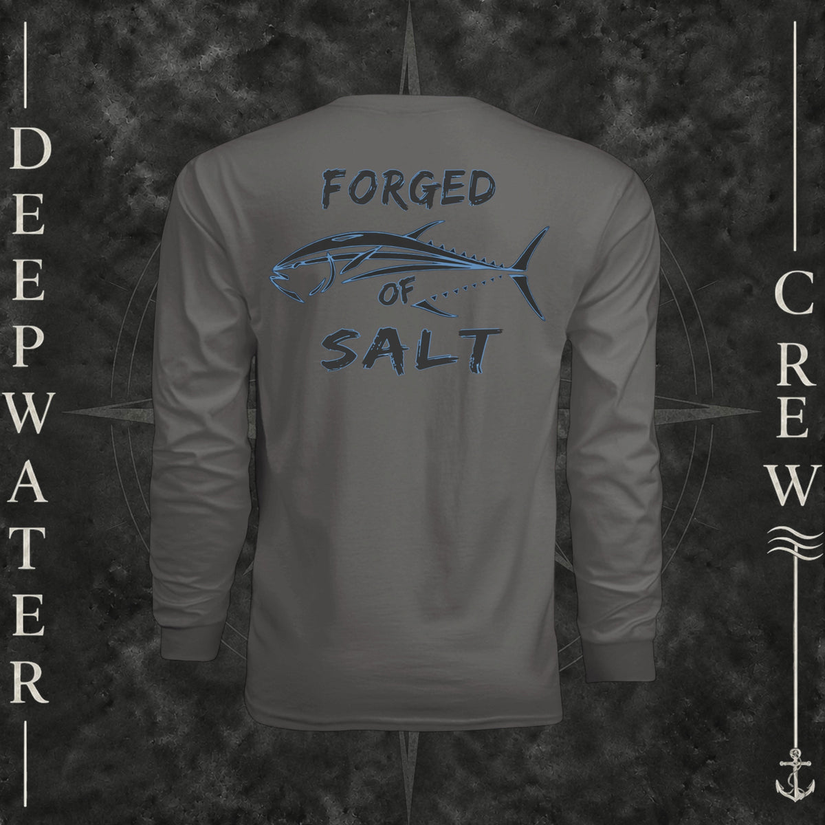 Graphite Deepwater Crew Co. Forged of Salt UPF 44+ long-sleeve performance shirt, back view with stylized tuna graphic, blue accents, and Forged of Salt lettering.