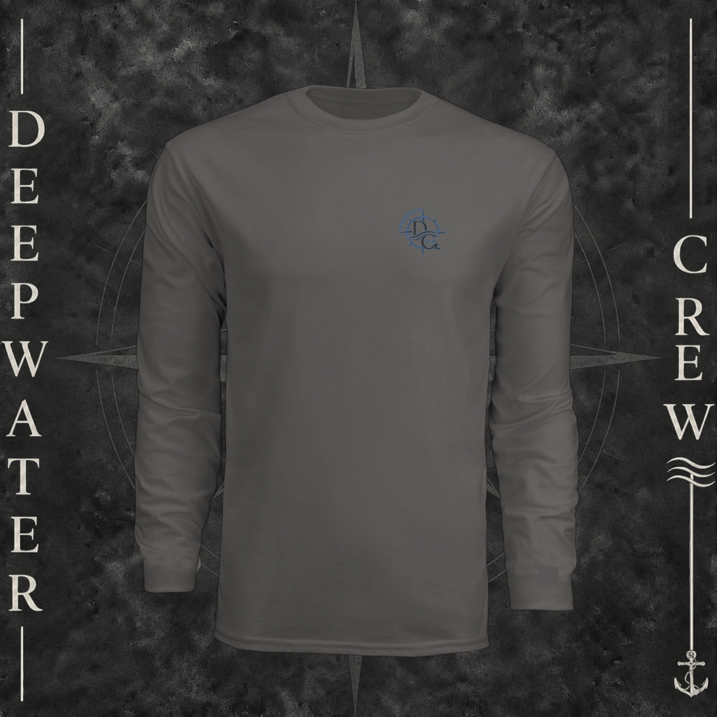 Graphite Deepwater Crew Co. Forged of Salt UPF 44+ long-sleeve performance shirt, front view with small blue-outlined DC compass-and-wave crest logo.
