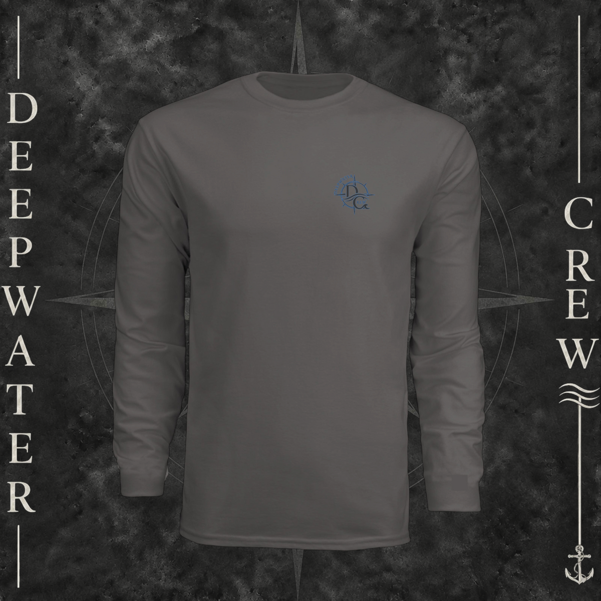 Graphite Deepwater Crew Co. Forged of Salt UPF 44+ long-sleeve performance shirt, front view with small blue-outlined DC compass-and-wave crest logo.