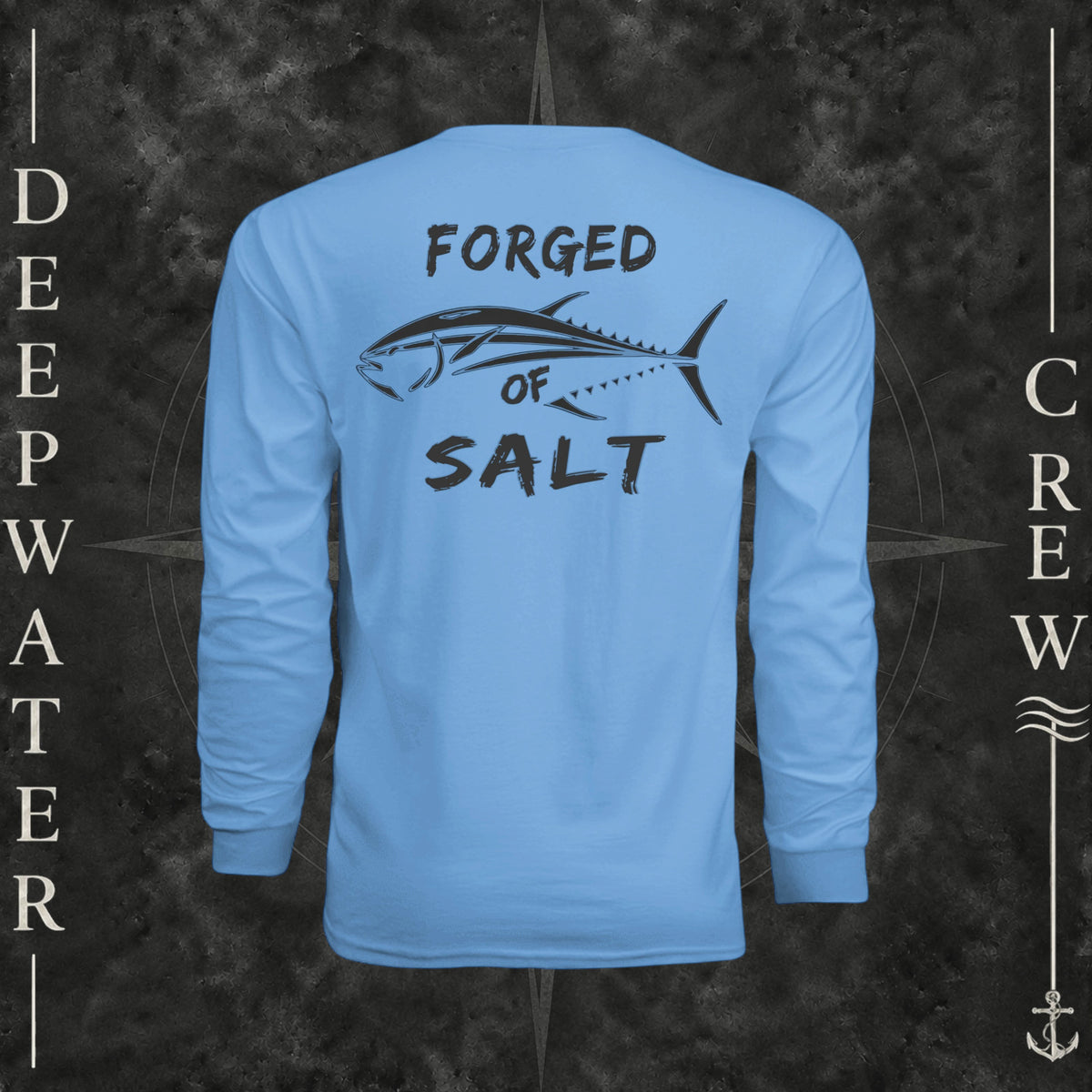 Light Blue Deepwater Crew Co. Forged of Salt UPF 44+ long-sleeve performance shirt, back view with stylized tuna graphic, blue accents, and Forged of Salt lettering.