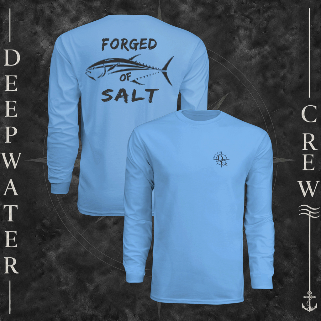 Light Blue Deepwater Crew Co. Forged of Salt UPF 44+ long-sleeve performance shirt showing front and back views with DC compass-and-wave chest logo and stylized tuna Forged of Salt back graphic.
