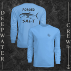 Light Blue Deepwater Crew Co. Forged of Salt UPF 44+ long-sleeve performance shirt showing front and back views with DC compass-and-wave chest logo and stylized tuna Forged of Salt back graphic.