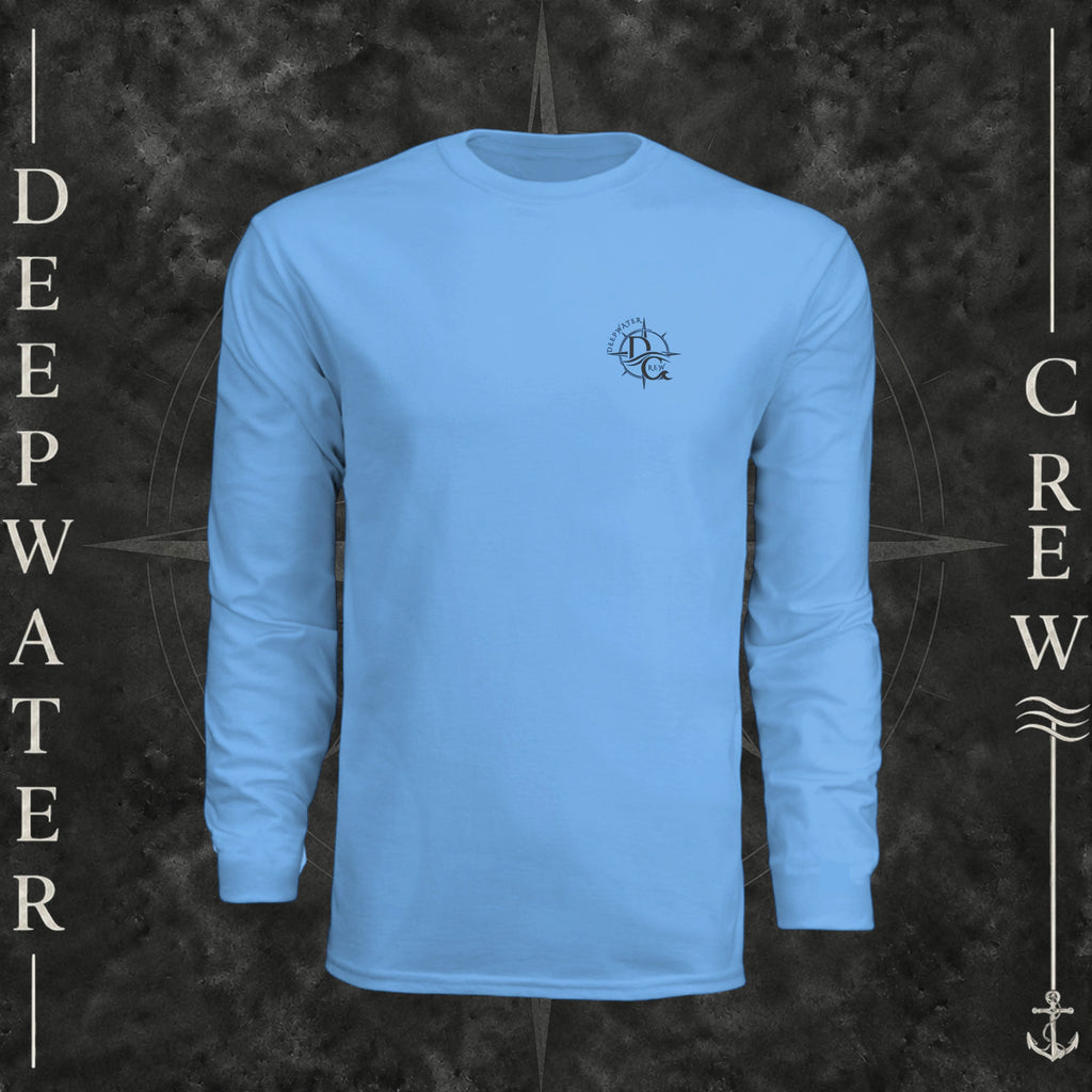 Light Blue Deepwater Crew Co. Forged of Salt UPF 44+ long-sleeve performance shirt, front view with small blue-outlined DC compass-and-wave crest logo.