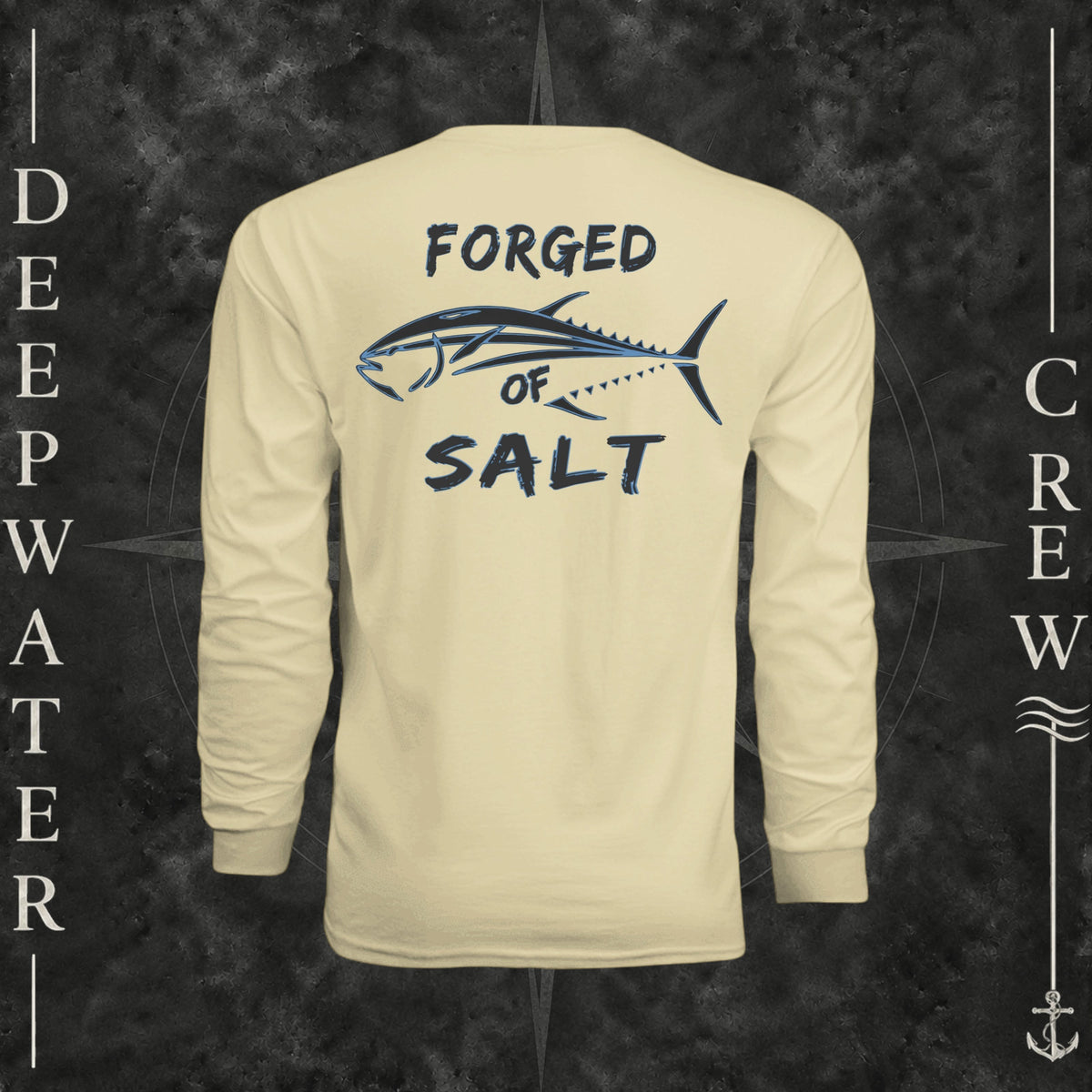 Light Yellow Deepwater Crew Co. Forged of Salt UPF 44+ long-sleeve performance shirt, back view with stylized tuna graphic, blue accents, and Forged of Salt lettering.