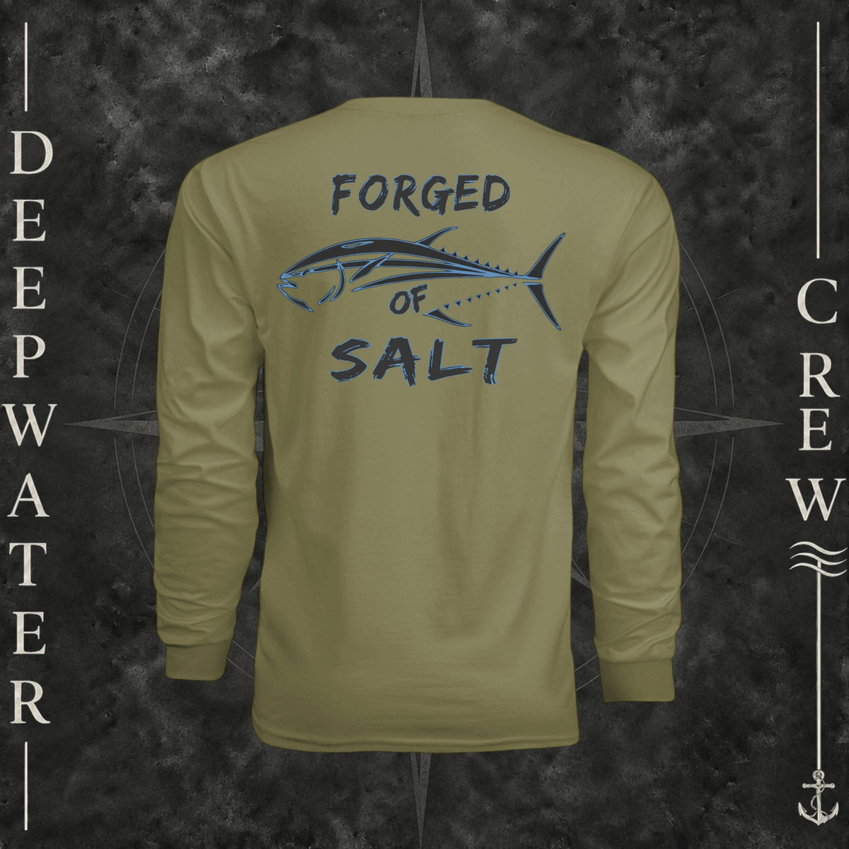 Olive Deepwater Crew Co. Forged of Salt UPF 44+ long-sleeve performance shirt, back view with stylized tuna graphic, blue accents, and Forged of Salt lettering.