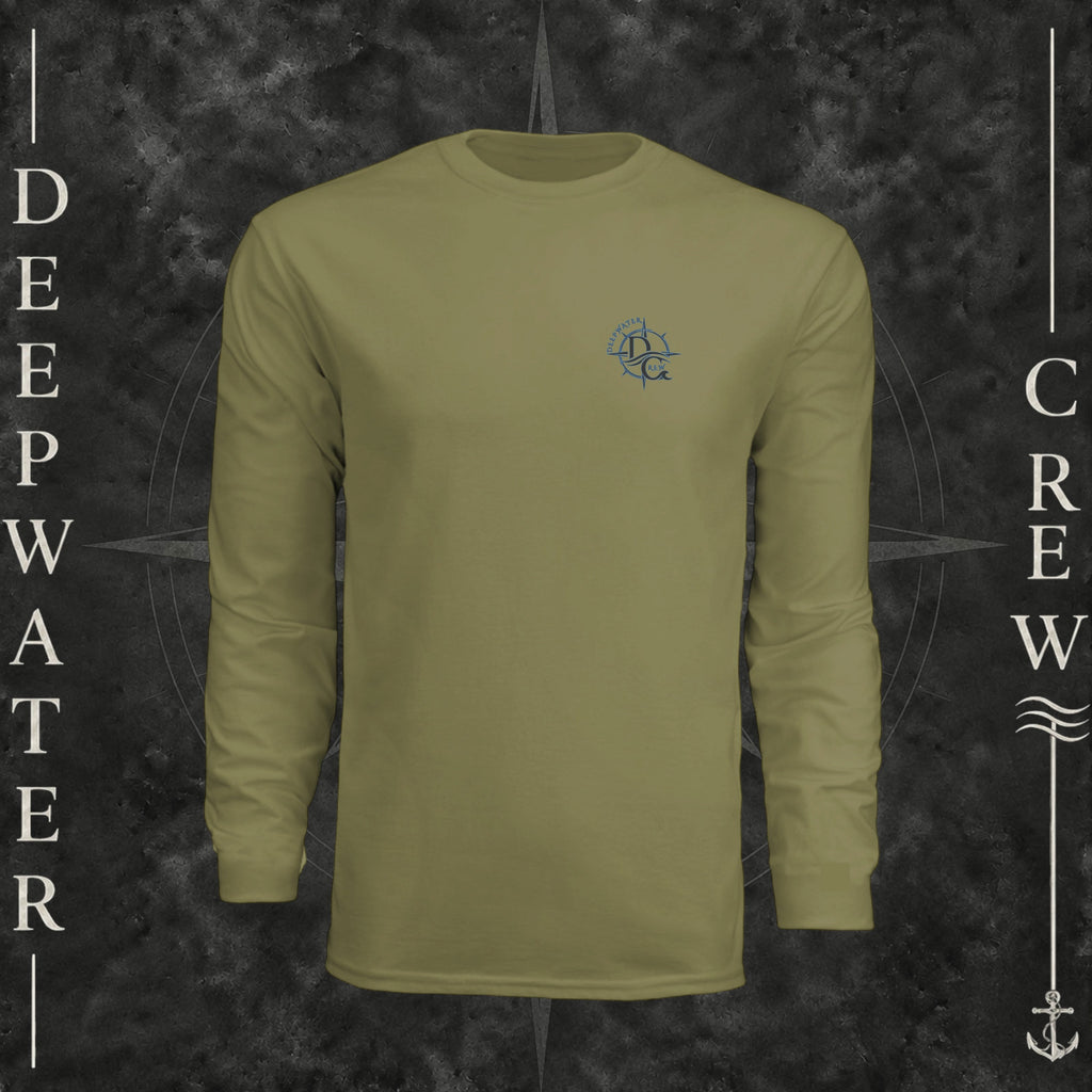 Olive Deepwater Crew Co. Forged of Salt UPF 44+ long-sleeve performance shirt, front view with small blue-outlined DC compass-and-wave crest logo.