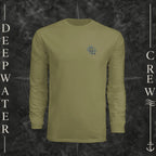 Olive Deepwater Crew Co. Forged of Salt UPF 44+ long-sleeve performance shirt, front view with small blue-outlined DC compass-and-wave crest logo.