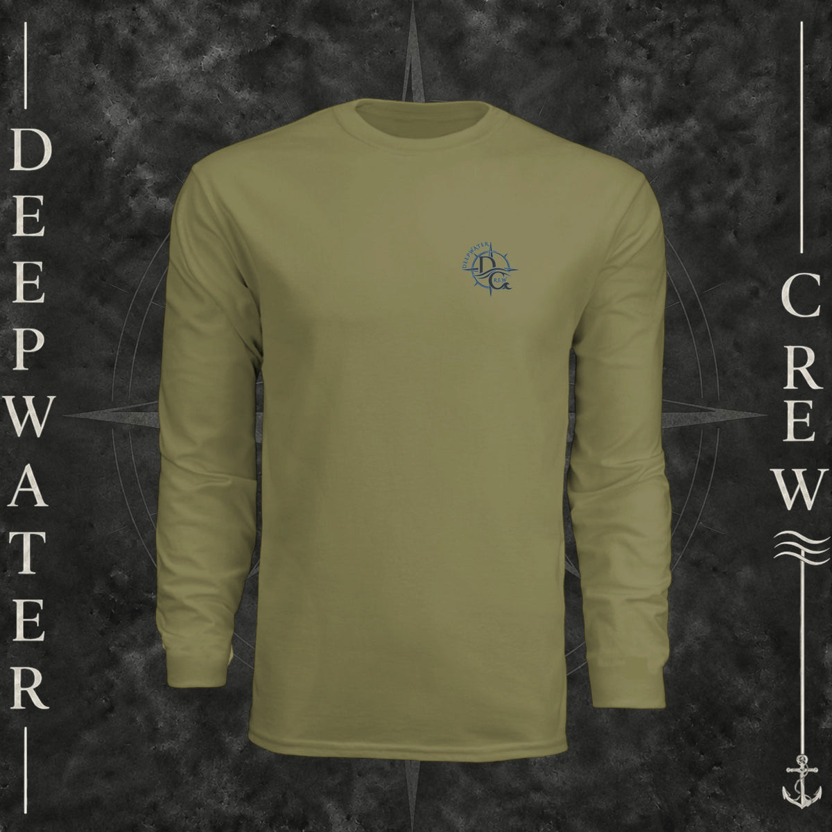 Olive Deepwater Crew Co. Forged of Salt UPF 44+ long-sleeve performance shirt, front view with small blue-outlined DC compass-and-wave crest logo.