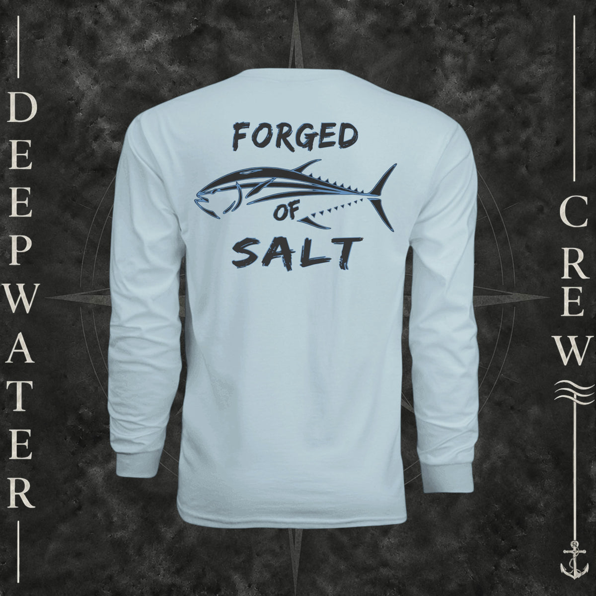 Pastel Blue Deepwater Crew Co. Forged of Salt UPF 44+ long-sleeve performance shirt, back view with stylized tuna graphic, blue accents, and Forged of Salt lettering.