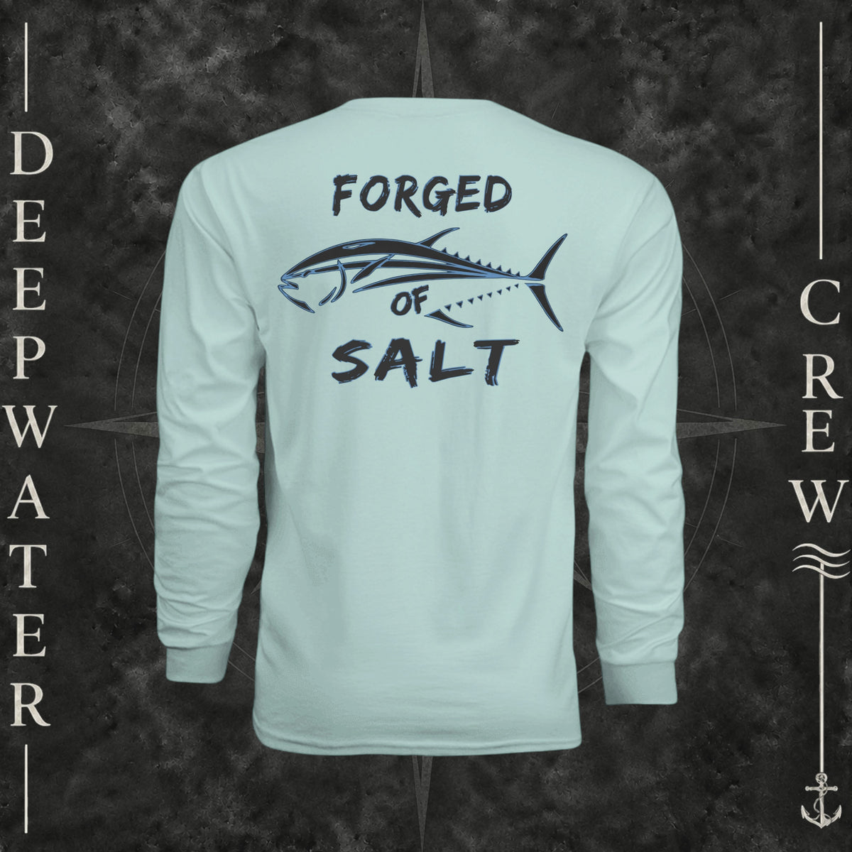 Pastel Mint Deepwater Crew Co. Forged of Salt UPF 44+ long-sleeve performance shirt, back view with stylized tuna graphic, blue accents, and Forged of Salt lettering.