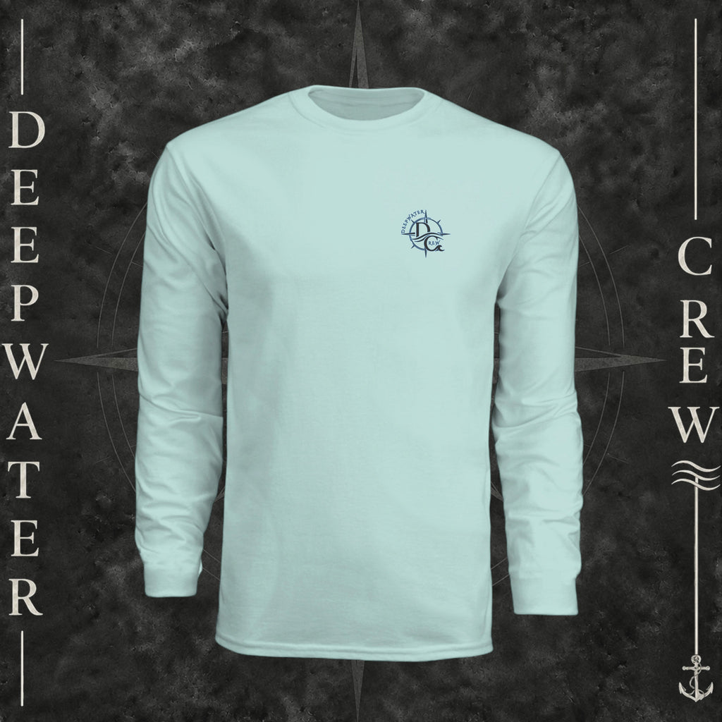Pastel Mint Deepwater Crew Co. Forged of Salt UPF 44+ long-sleeve performance shirt, front view with small blue-outlined DC compass-and-wave crest logo.