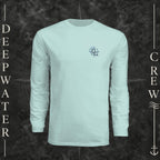 Pastel Mint Deepwater Crew Co. Forged of Salt UPF 44+ long-sleeve performance shirt, front view with small blue-outlined DC compass-and-wave crest logo.