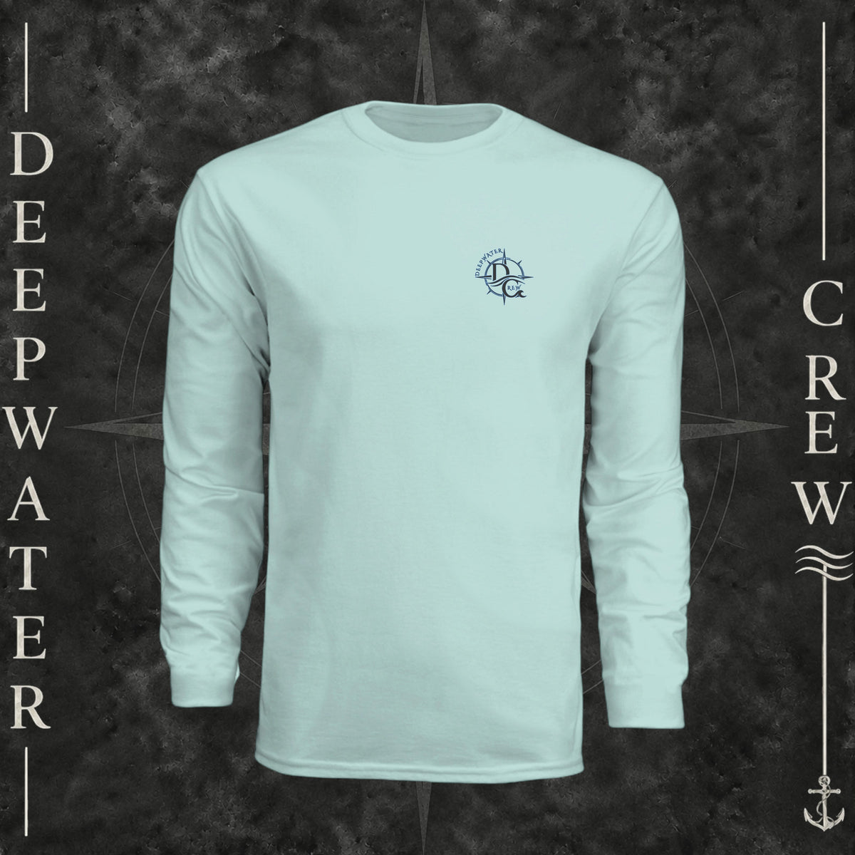 Pastel Mint Deepwater Crew Co. Forged of Salt UPF 44+ long-sleeve performance shirt, front view with small blue-outlined DC compass-and-wave crest logo.