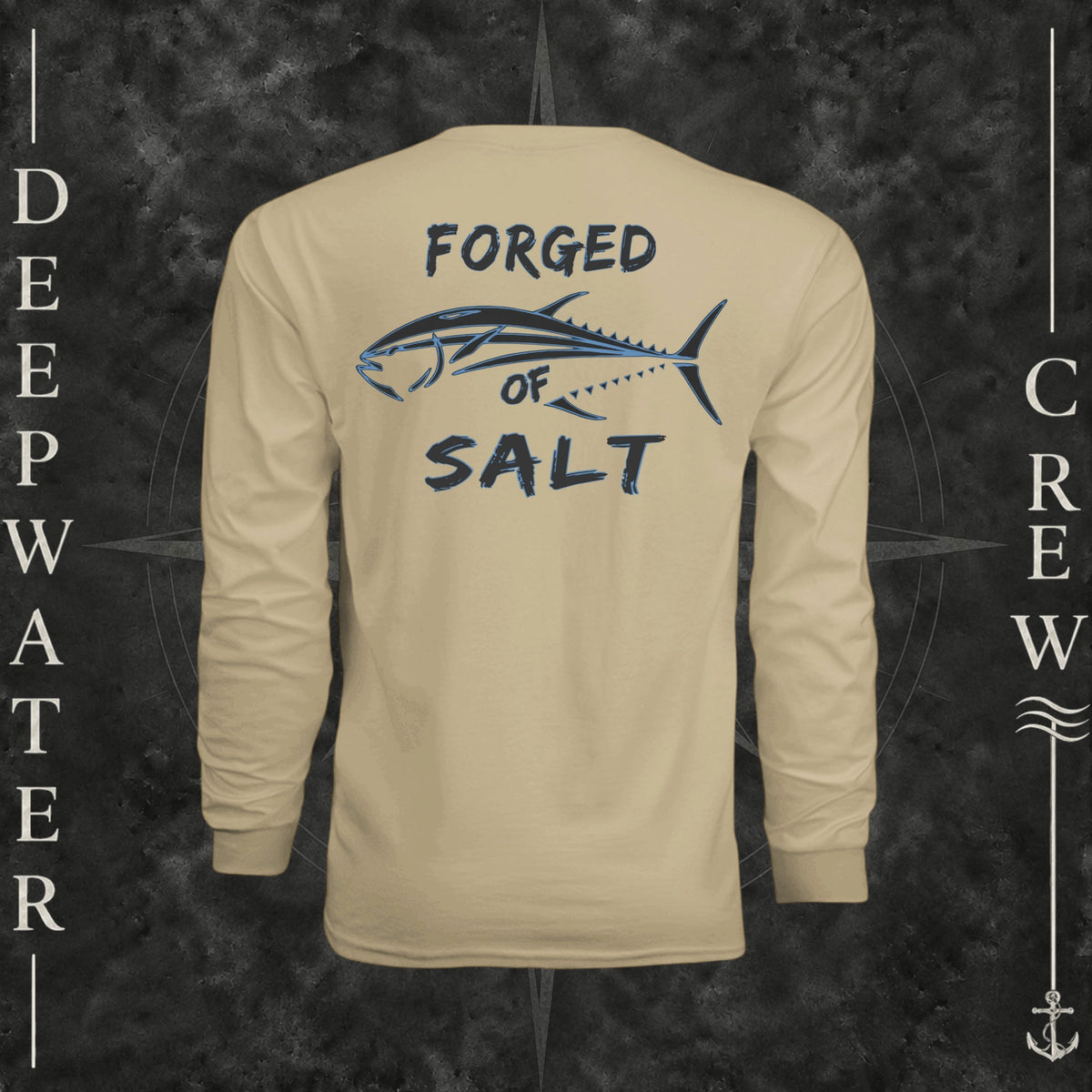 Sand Deepwater Crew Co. Forged of Salt UPF 44+ long-sleeve performance shirt, back view with stylized tuna graphic, blue accents, and Forged of Salt lettering.