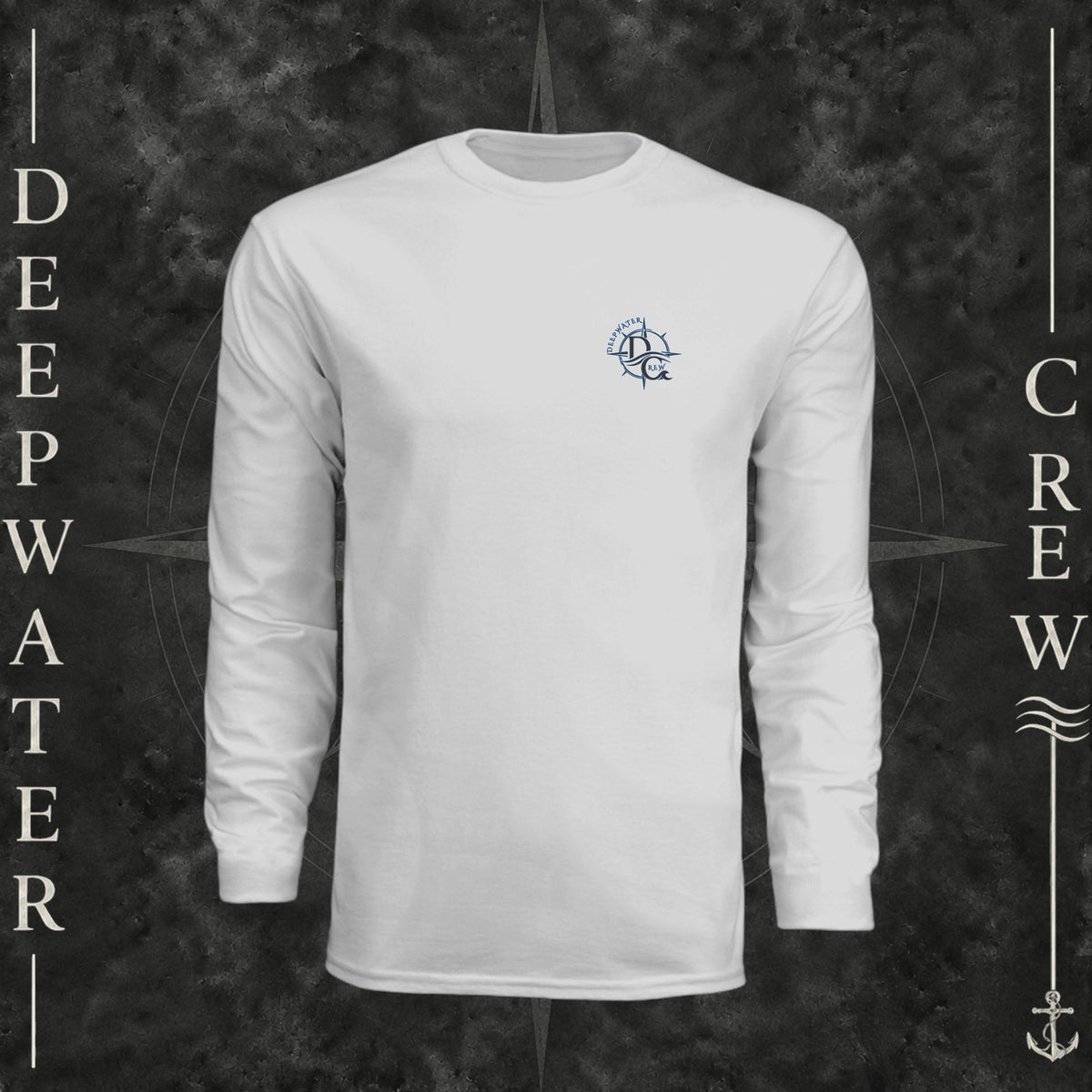 Silver Deepwater Crew Co. Forged of Salt UPF 44+ long-sleeve performance shirt, front view with small blue-outlined DC compass-and-wave crest logo.