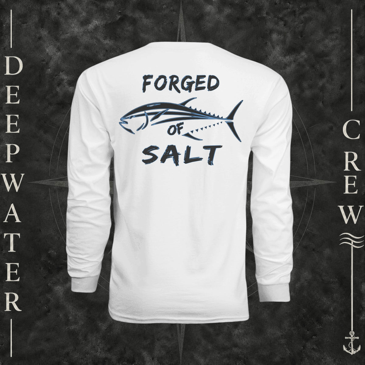 White Deepwater Crew Co. Forged of Salt UPF 44+ long-sleeve performance shirt, back view with stylized tuna graphic, blue accents, and Forged of Salt lettering.