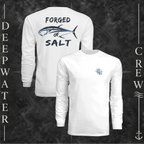 White Deepwater Crew Co. Forged of Salt UPF 44+ long-sleeve performance shirt showing front and back views with DC compass-and-wave chest logo and stylized tuna Forged of Salt back graphic.