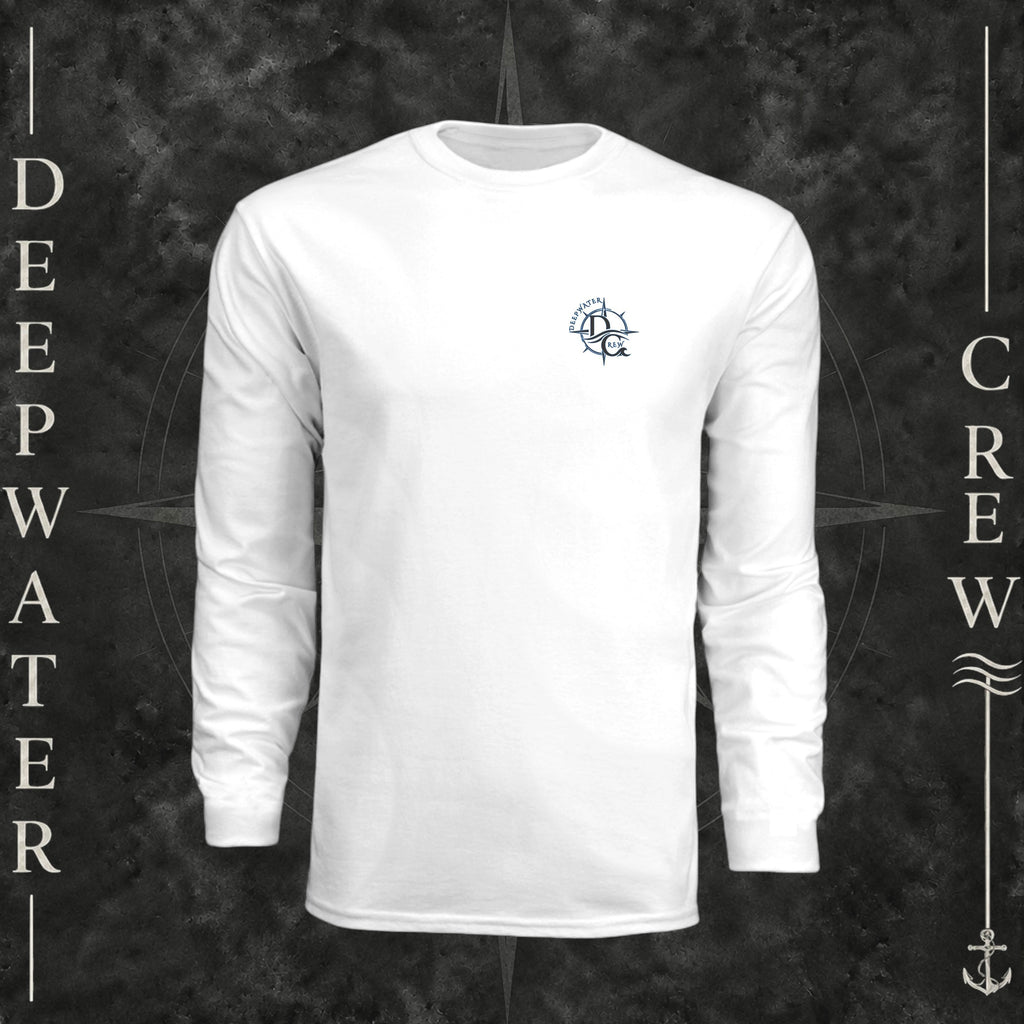 White Deepwater Crew Co. Forged of Salt UPF 44+ long-sleeve performance shirt, front view with small blue-outlined DC compass-and-wave crest logo.