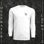 White Deepwater Crew Co. Forged of Salt UPF 44+ long-sleeve performance shirt, front view with small blue-outlined DC compass-and-wave crest logo.