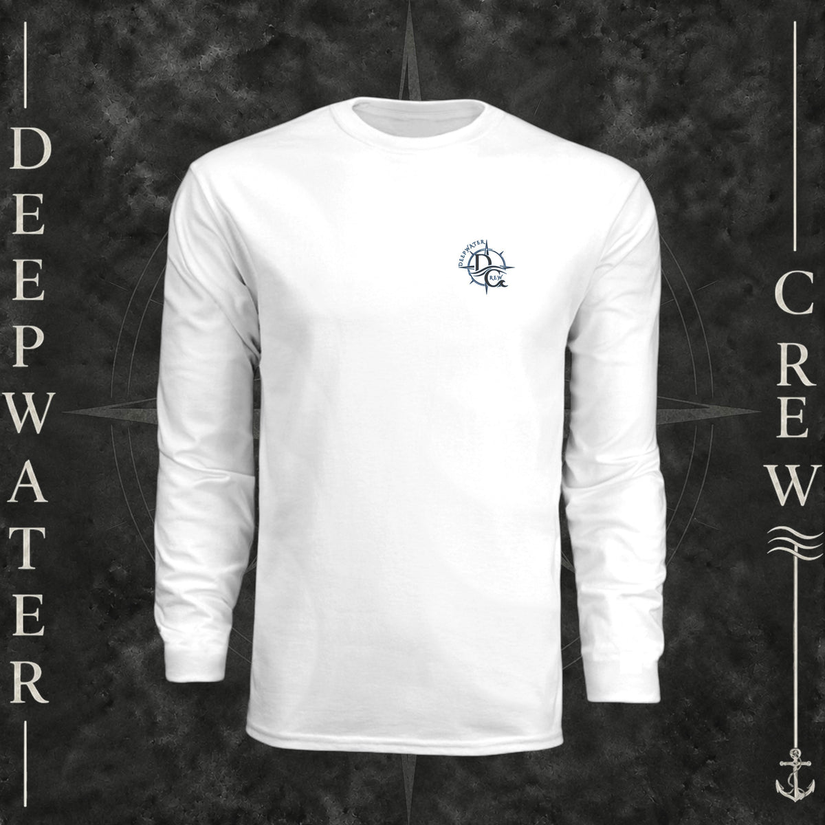 White Deepwater Crew Co. Forged of Salt UPF 44+ long-sleeve performance shirt, front view with small blue-outlined DC compass-and-wave crest logo.
