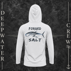 Aluminum Deepwater Crew Co. Forged of Salt UPF 50+ performance hoodie, back view with stylized tuna graphic, blue accents, and Forged of Salt lettering.