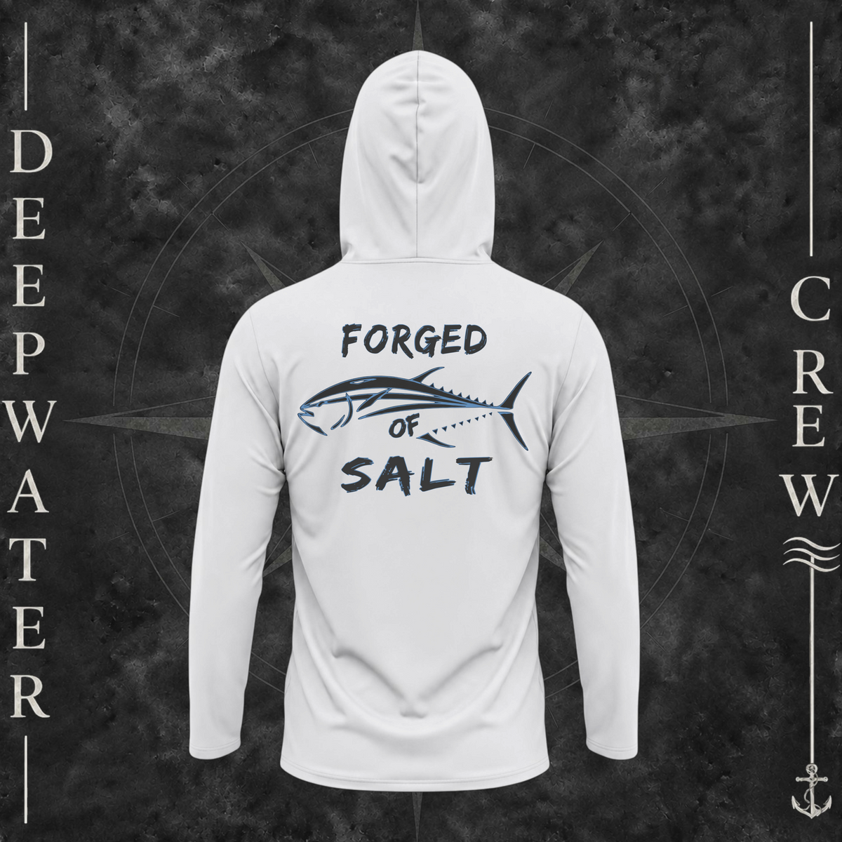 Aluminum Deepwater Crew Co. Forged of Salt UPF 50+ performance hoodie, back view with stylized tuna graphic, blue accents, and Forged of Salt lettering.