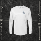 Aluminum Deepwater Crew Co. Forged of Salt UPF 50+ performance hoodie, front view with small blue-outlined DC compass-and-wave crest logo.