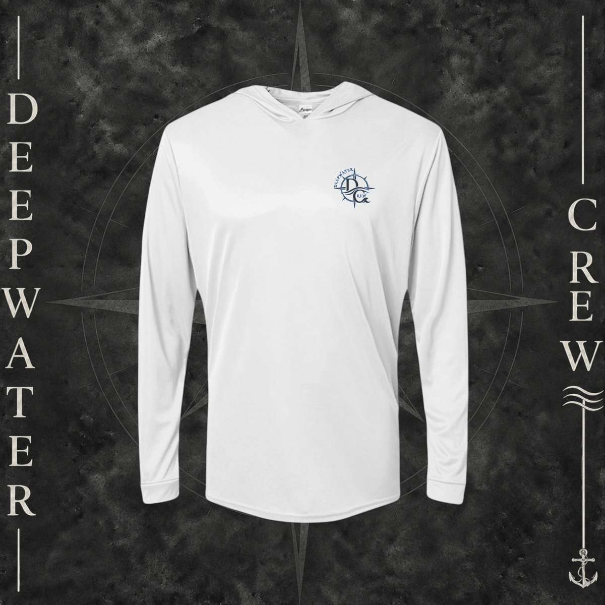 Aluminum Deepwater Crew Co. Forged of Salt UPF 50+ performance hoodie, front view with small blue-outlined DC compass-and-wave crest logo.