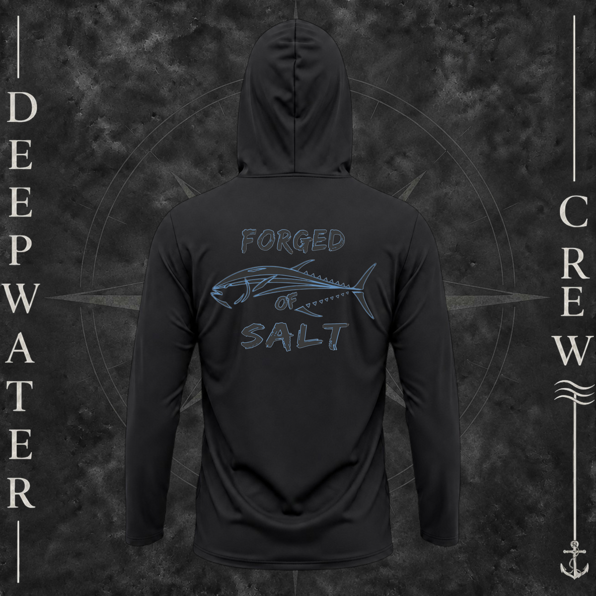 Black Deepwater Crew Co. Forged of Salt UPF 50+ performance hoodie, back view with stylized tuna graphic, blue accents, and Forged of Salt lettering.