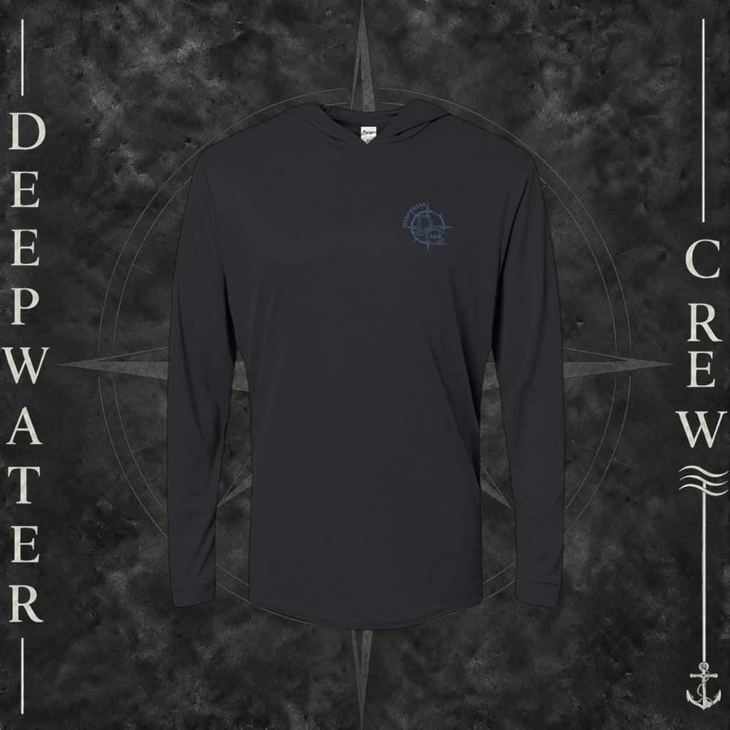 Black Deepwater Crew Co. Forged of Salt UPF 50+ performance hoodie, front view with small blue-outlined DC compass-and-wave crest logo.