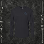 Black Deepwater Crew Co. Forged of Salt UPF 50+ performance hoodie, front view with small blue-outlined DC compass-and-wave crest logo.
