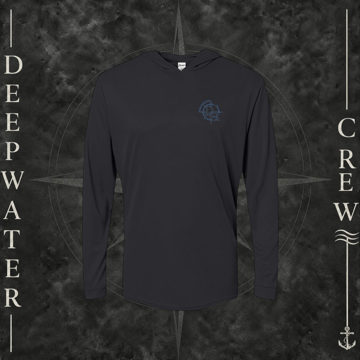 Black Deepwater Crew Co. Forged of Salt UPF 50+ performance hoodie, front view with small blue-outlined DC compass-and-wave crest logo.