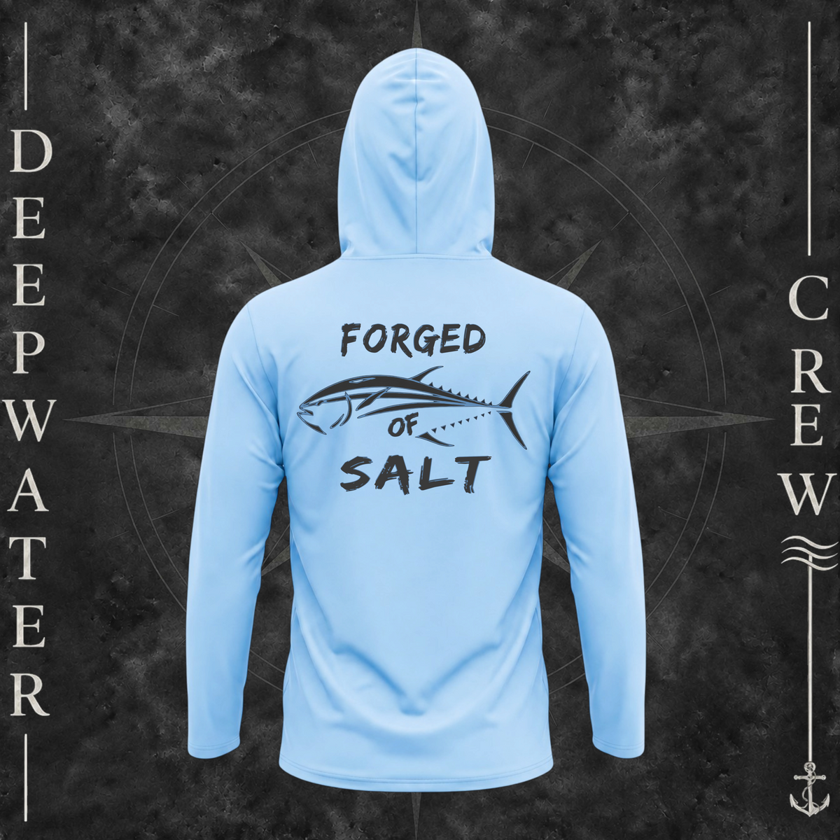Blue Mist Deepwater Crew Co. Forged of Salt UPF 50+ performance hoodie, back view with stylized tuna graphic, blue accents, and Forged of Salt lettering.