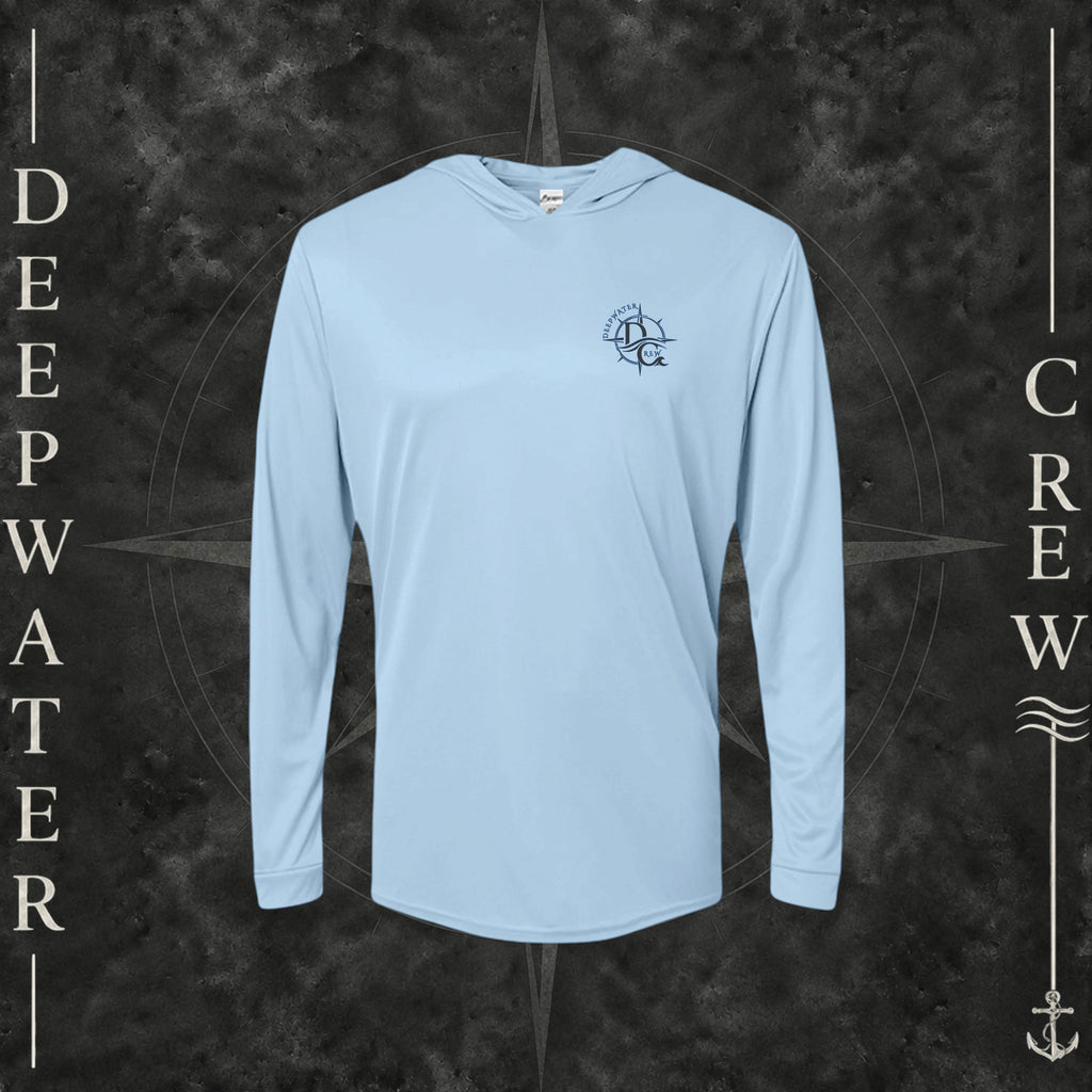 Blue Mist Deepwater Crew Co. Forged of Salt UPF 50+ performance hoodie, front view with small blue-outlined DC compass-and-wave crest logo.