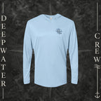 Blue Mist Deepwater Crew Co. Forged of Salt UPF 50+ performance hoodie, front view with small blue-outlined DC compass-and-wave crest logo.