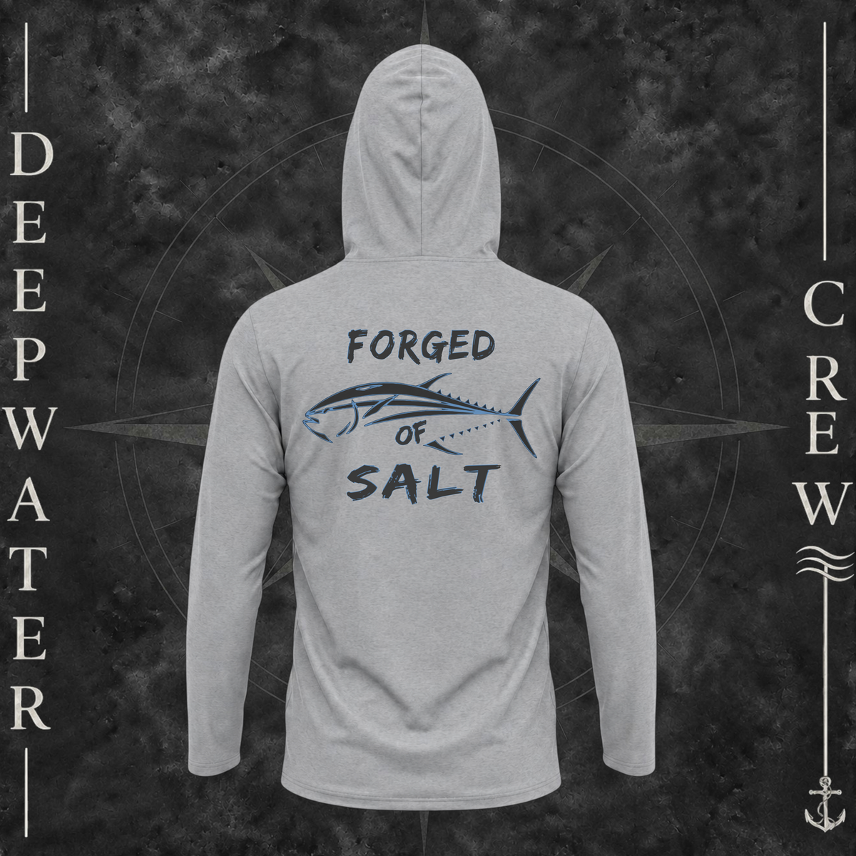 Medium Grey Deepwater Crew Co. Forged of Salt UPF 50+ performance hoodie, back view with stylized tuna graphic, blue accents, and Forged of Salt lettering.
