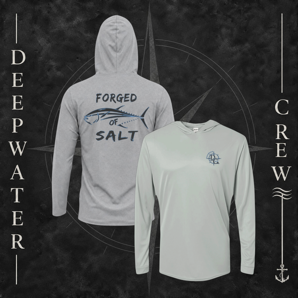 Medium Grey Deepwater Crew Co. Forged of Salt UPF 50+ performance hoodie showing front and back views with DC compass-and-wave chest logo and stylized tuna Forged of Salt back graphic.
