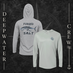 Medium Grey Deepwater Crew Co. Forged of Salt UPF 50+ performance hoodie showing front and back views with DC compass-and-wave chest logo and stylized tuna Forged of Salt back graphic.