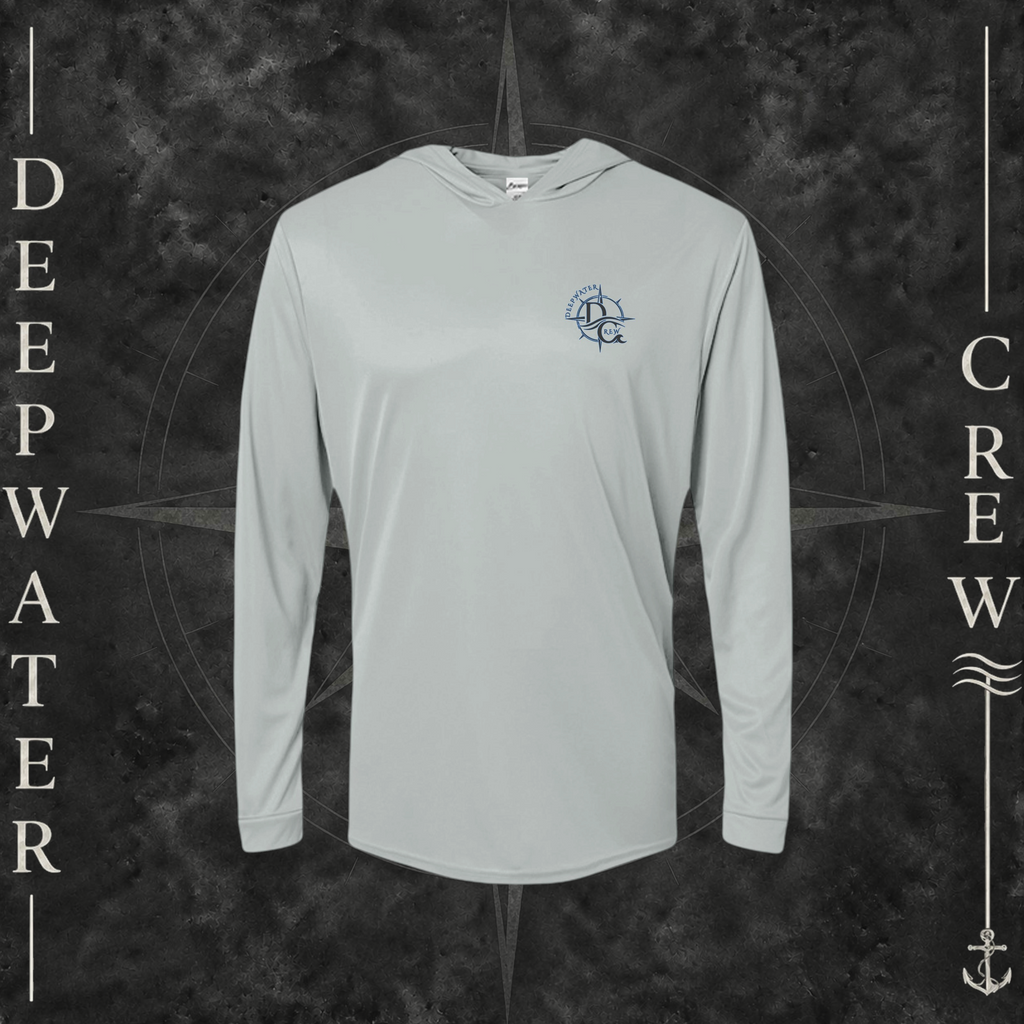 Medium Grey Deepwater Crew Co. Forged of Salt UPF 50+ performance hoodie, front view with small blue-outlined DC compass-and-wave crest logo.