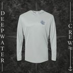 Medium Grey Deepwater Crew Co. Forged of Salt UPF 50+ performance hoodie, front view with small blue-outlined DC compass-and-wave crest logo.