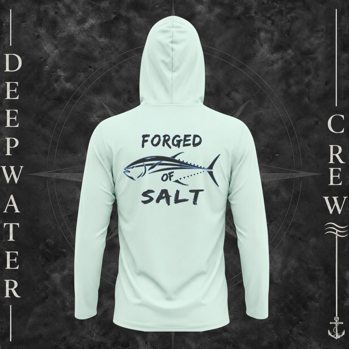 Mint Green Deepwater Crew Co. Forged of Salt UPF 50+ performance hoodie, back view with stylized tuna graphic, blue accents, and Forged of Salt lettering.